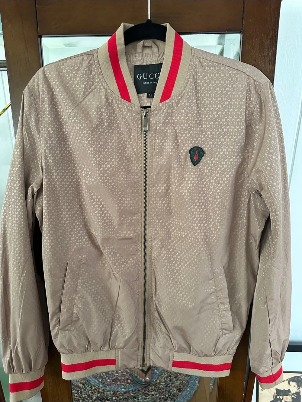 Gucci Beige Bomber Jacket with Red Trim